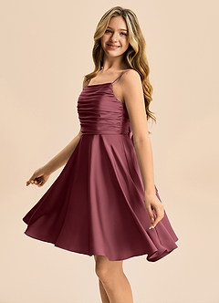 Azazie Miko Junior Merlot A-Line Pleated Stretch Satin Dress image7