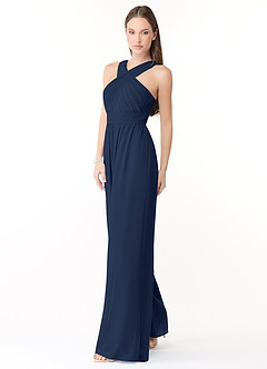 Azazie Berdie Bridesmaid Dresses Dark Navy Halter Chiffon Jumpsuit image3