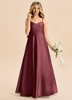 Azazie Rumi Junior A-Line Plisseret Stræk satin Gulv-længde Junior brudepige Kjole image4