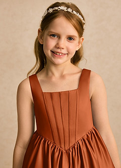 Azazie Myla vestidos de niña de las flores Vestido Naranja Quemada de Satin Mate de Línea A con Plisado image6