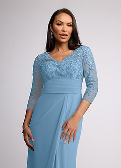 Azazie Joan Mother of the Bride Dresses Steel Blue Sheath V-Neck Lace Chiffon Dress image3