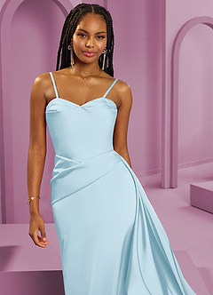 Barbie ♥ Azazie Vestidos de damas de honor Vestido de Azul Cielo de Satén Elástico de Corte Recto Convertible con Sin tirantes image4