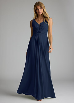 Azazie Gina Bridesmaid Dresses Dark Navy A-Line V-Neck Pleated Chiffon Dress image1