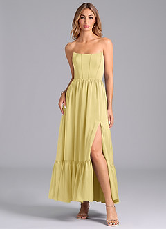 Azazie Leilana Bridesmaid Dresses Lemon Sorbet A-Line Corset Stretch Satin Dress image3