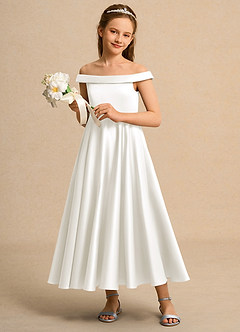 Azazie Teeny Junior Formal Jurken voor bloemenmeisjes A-Lijn Jurk van Mat Satijn Geplooid Ivoor image4