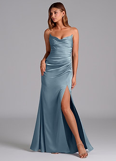 Azazie Claudelle At-home Try On Dresses Dusty Blue Mermaid Strapless Stretch Satin Dress image1