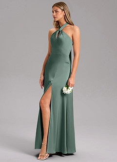 Azazie Tracie Bridesmaid Dresses Sea Moss A-Line Side Slit Stretch Satin Dress image6