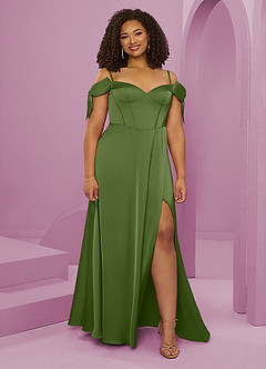 Barbie ♥ Azazie Robes de demoiselle d'honneur Robe Trapèze en Satin extensible Épaule décolletée Genévrier image8