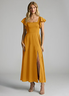 Azazie Bondi Bridesmaid Dresses Butterscotch A-Line Ruched Stretch Satin Dress image4