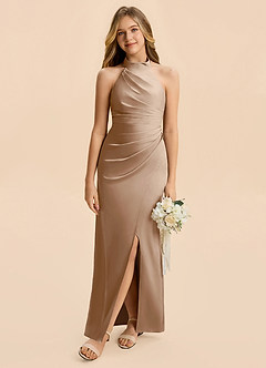 Azazie Jemma Junior Taupe Sheath Ruched Stretch Satin Dress image4