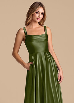 Azazie Shaude Bridesmaid Dresses Olive A-Line Pleated Metallic Satin Dress image2