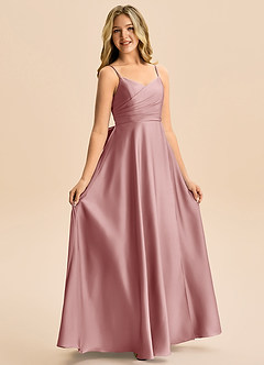 Azazie Rumi Junior Vestido de Rosa Polvorienta de Satén Elástico de Corte en A con Plisado image5