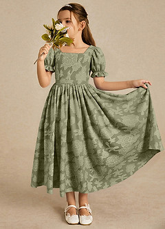 Azazie Joss Abiti da Ragazza di Fiori Abito A-Line in Burnout Floreale Con Maniche Pistacchio image1