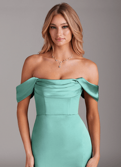 Azazie Saige Bridesmaid Dresses Aqua Sheath Off the Shoulder Stretch Satin Dress image7