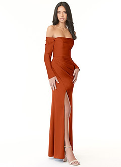 Azazie Hallie Robes de demoiselle d'honneur Robe Fourreau Convertible en Satin extensible Schulterfreies Langarmshirt Paprika image5