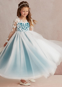 Azazie Elodie Flower Girl Dresses Ivory Ink Blue Ball-Gown Lace Dress image2