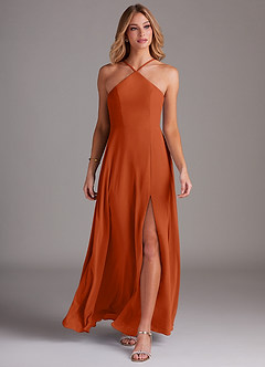 Azazie Bailey Bridesmaid Dresses Burnt Orange A-Line Halter Side Slit Chiffon Dress image4