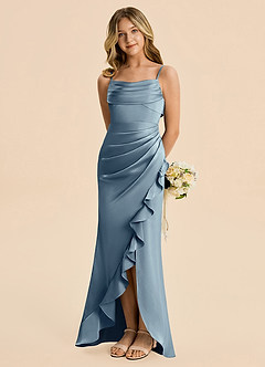Azazie Mia Junior Robe Sirène en Satin extensible Plissé Bleu Poussiéreux image1