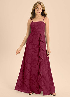 Azazie Kaylee Junior Burgundy A-Line with Belt Floral Burnout Dress image1