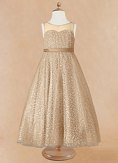Azazie Siwa Blumenmädchenkleider A-Linie Mit Perlen Tüll Kleid Champagner image5