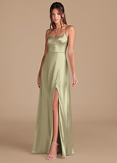 Azazie Halsey Bridesmaid Dresses Moss Green A-Line Side Slit Metallic Satin Dress image4
