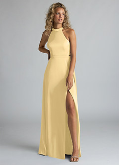 Azazie Clarice Brautjungfernkleider Eine Linie Hoher Kragen Stretch-Satin Kleid Butter image5