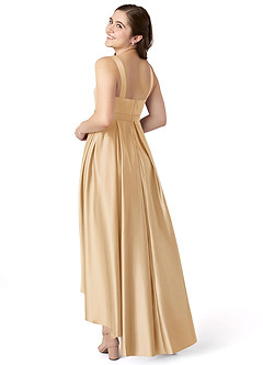 Azazie Inaya Junior Gold A-Line with Belt Stretch Satin Dress image4