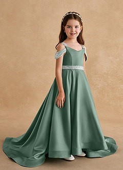 Azazie Jodi Robe Demoiselle D'honneur Fillette Robe Trapèze en Mat Satiné Eucalyptus image3