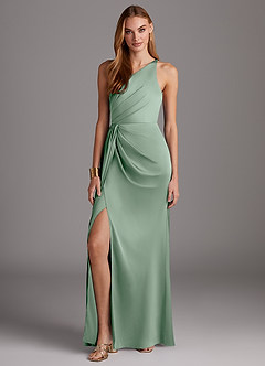 Azazie Mika At-home Try On Dresses Agave Sheath One Shoulder Stretch Satin Dress image3