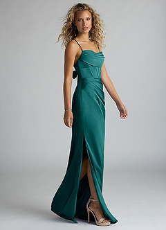 Azazie Mai Robes de demoiselle d'honneur Robe Fourreau en Satin extensible Plissée Paon image4