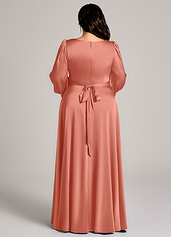 Azazie Leonia Jurken voor bruidsmeisjes Jurk van Stretch Satijn met A-Lijn Lange mouw Zalm Roze image13
