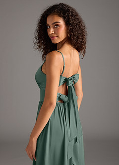 Azazie Zeya Bridesmaid Dresses Sea Moss A-Line Pleated Stretch Satin Dress image5