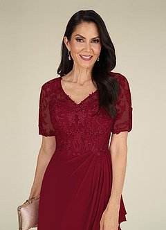 Azazie Amedeus At-home Try On Dresses Burgundy A-Line V-Neck Lace Chiffon Dress image4