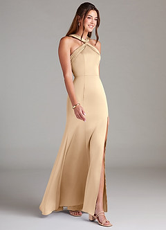 Azazie Rue Bridesmaid Dresses Champagne A-Line Pleated Stretch Satin Dress image4