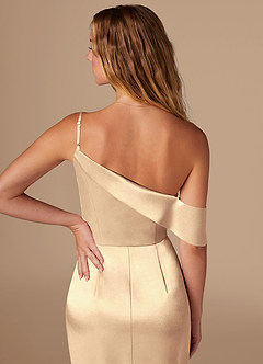 Azazie Lia Bridesmaid Dresses Gold Sheath Off the Shoulder Metallic Satin Dress image2