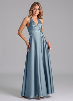 Azazie Tessie Vestidos de damas de honor Vestido de Azul Polvoriento de Satén Elástico de Corte en A con Plisado image5