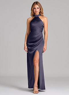 Azazie Karlotta Bridesmaid Dresses Stormy Sheath Pleated Stretch Satin Dress image1