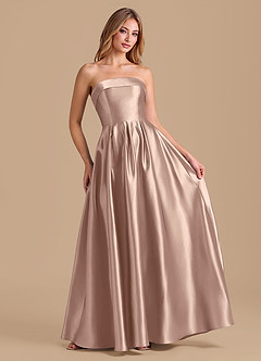 Azazie Lucienne 신부 들러리 드레스 A라인 주름진 메탈릭 새틴 바닥 길이 드레스 image3