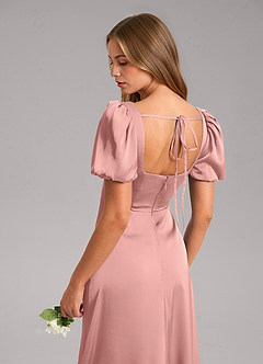 Azazie Fyona Bridesmaid Dresses Rosette A-Line Pleated Stretch Satin Dress image7