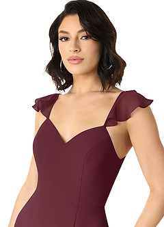 Azazie Everett Vestidos de damas de honor Vestido de Cabernet de Gasa de Corte en A con Cuello en V fruncido image4