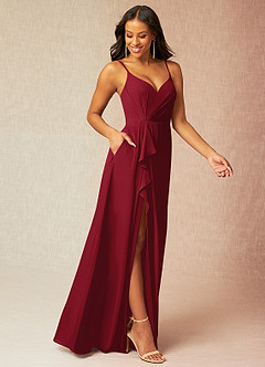 Azazie Kyedae Bridesmaid Dresses Burgundy A-Line V-Neck Pleated Chiffon Dress image3