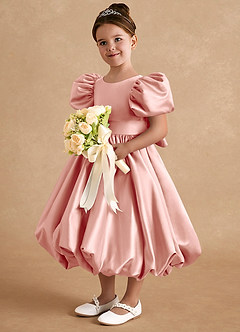 Azazie Jellybean Blumenmädchenkleider Ballkleid Gestreift Matte Satin Kleid Rosettenrosa image1