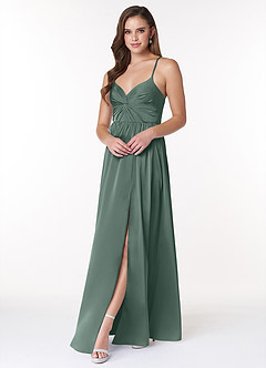 Azazie Raya Bridesmaid Dresses Sea Moss A-Line V-Neck Pleated Stretch Satin Dress image3
