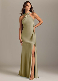 Azazie Kinsley Bridesmaid Dresses Moss Green Mermaid Side Slit Stretch Satin Dress image1