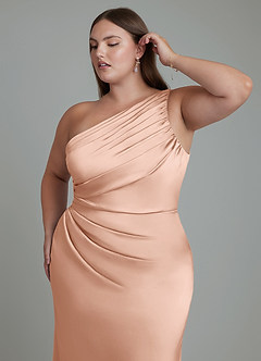 Azazie Akilah Vestidos de damas de honor Vestido Oro Rosa de Satén Elástico de Corte Sirena con Un hombro image13