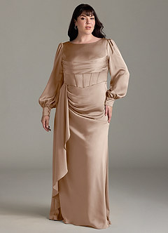 Azazie Raye Bridesmaid Dresses Taupe Mermaid Long Sleeve Stretch Satin Dress image7