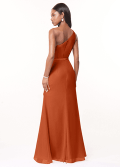 Azazie Liza Jurken voor bruidsmeisjes Jurk van Chiffon met Zeemeermin One-Shoulder Verbrande Sinaasappel image4