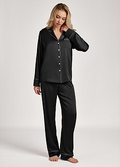 front Satin Lurex Trim Long Sleeve Pajama Set