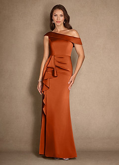 Azazie Hamptons Mother of the Bride Dresses Burnt Orange A-Line Pleated Stretch Satin Dress image1
