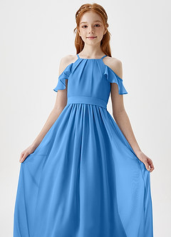 Azazie Chaya Junior Blue Jay A-Line Off the Shoulder Chiffon Dress image1